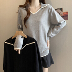 批发2026春<b class='q'>秋</b>新款娃娃领拼色长袖针织衫上衣大码女装微胖mm内搭毛衣