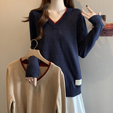 批发2026春<b class='q'>秋</b>新款V领拼色正肩长袖针织衫大码女装微胖mm内搭宽松毛衣