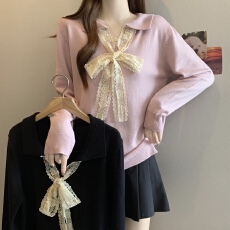 批发蕾丝拼接娃娃领长袖针织衫<b class='q'>秋</b>冬大码女装微胖mm宽松内搭毛衣