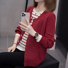 批发假两件拼接条纹开衫针织衫外套大码女装<b class='q'>秋</b>冬微胖mm宽松新款毛衣