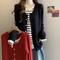 批发2026春<b class='q'>秋</b>新款假两件拼色针织衫开衫外套大码女装微胖mm宽松毛衣