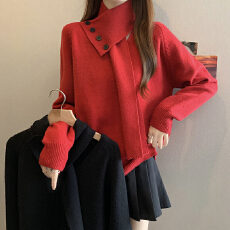 批发围巾V领设计感可拆卸长袖针织衫上衣大码女装微胖mm宽松毛衣
