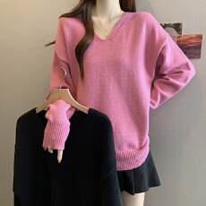 批发V领落肩宽松慵懒风长袖针织衫大码女装微胖mm宽松内搭毛衣