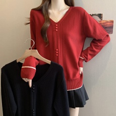 批发2026春<b class='q'>秋</b>新款V领正肩纽扣针织衫上衣大码女装微胖mm宽松内搭毛衣