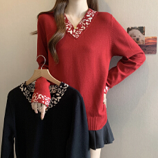 批发2026春<b class='q'>秋</b>新款V领正肩撞色提花针织衫上衣大码女装微胖mm宽松毛衣