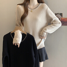 批发2026春<b class='q'>秋</b>新款圆领拼色长袖针织衫上衣大码女装微胖mm宽松内搭毛衣