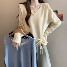 批发V领假两件镂空抽色拼色长袖针织衫大码女装微胖mm宽松内搭毛衣