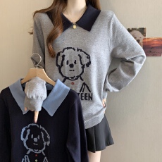 批发拼色娃娃领卡通提花长袖针织衫上衣大码女装微胖mm宽松内搭毛衣