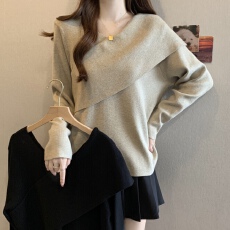 批发2026春秋设计感不对称长袖针织衫上衣大码女装微胖mm宽松内搭毛衣