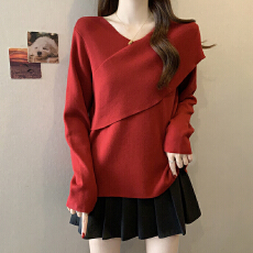批发洋气设计感V领不对称长袖针织衫上衣<b class='q'>大码</b>女装微胖mm宽松内搭毛衣