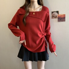 批发洋气设计感方领斜襟抽绳长袖针织衫上衣大码女装微胖mm宽松毛衣