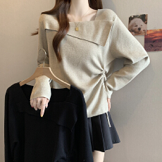 批发洋气设计感方领斜襟抽绳长袖针织衫上衣大码女装微胖mm宽松毛衣