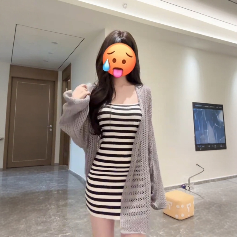 FA36863# 美式辣妹针织条纹吊带包臀连衣裙短款开衫纯欲两件套装女早秋 服裝批發女裝批發服飾貨源