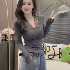 批发2025秋冬新款圆领蕾丝拼接内搭加绒T恤女<b class='q'>修身</b>打底衫上衣女