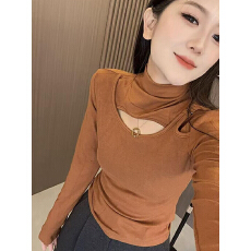 批发今年流行爆款半高领不规则长袖T恤女小个子<b class='q'>修身</b>显瘦镂空内搭上衣