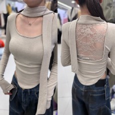 后背蕾丝拼接u领飘带长袖T恤女秋冬新款磨毛加绒打底衫纯欲风上衣