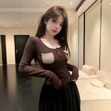 批发美式口袋拼接U领长袖t恤女<b class='q'>秋</b>冬高级感辣妹紧身内搭磨毛打底衫上衣