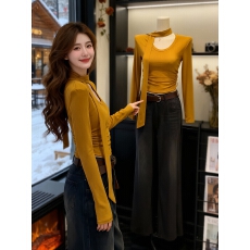 批发韩系穿搭巨好看的打底衫女2025<b class='q'>秋</b>冬新款修身飘带长袖t恤短款上衣