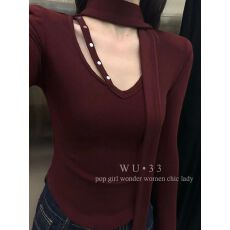 批发WU33<b class='q'>秋</b>冬2025新款韩版纯欲飘带烫钻长袖修身显瘦磨毛打底衫上衣女