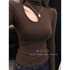 批发WU33<b class='q'>秋</b>冬2025新款辣妹高领胸前镂空设计感加绒打底衫修身百搭上衣