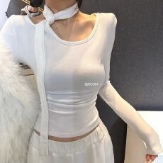 批发2025秋冬新款韩版挂脖镂空露肩<b class='q'>长袖</b>修身显瘦磨毛<b class='q'>打底衫</b>上衣潮