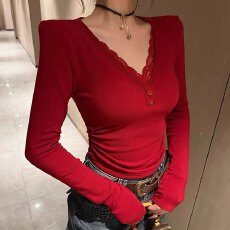 十三行2026早春新款韩版修身长袖T恤女蕾丝拼接露背假两件上衣女