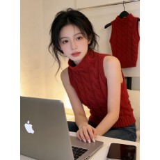 批发<b class='q'>秋</b>冬新款圣诞红色半高领无袖针织背心女显瘦内搭叠穿打底毛衣上衣