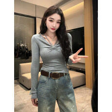 批发韩系设计感v领挂脖长袖<b class='q'>t</b><b class='q'>恤</b>女春季短款修身辣妹风收腰正肩打底上衣
