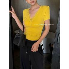 批发小时代2026春夏新款韩版修身V领<b class='q'>蕾丝</b>拼接露背短袖T恤掐腰辣妹<b class='q'>上衣</b>