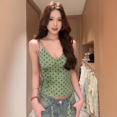 批发法式绿色波点印花设计感辣妹吊带背心女春夏修身短款性感显露上衣