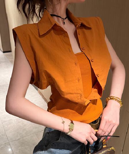 여름 새로운 패션 다용도 한 부서 POLO 칼라 허리 수축 페이크 레이어드 불규칙 여성 셔츠