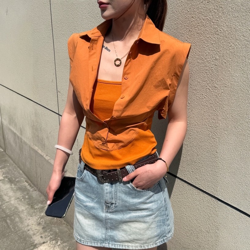 여름 새로운 패션 다용도 한 부서 POLO 칼라 허리 수축 페이크 레이어드 불규칙 여성 셔츠