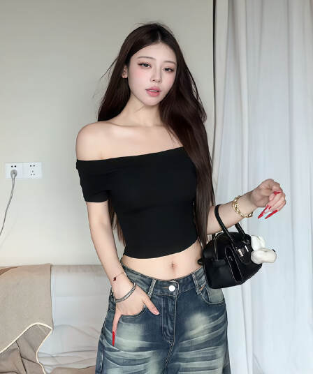 순수한 욕망 섹시함 바람 오프숄더 백리스 반팔 티셔츠 여성 여름 새로운 벨트 가슴 패드 몸매 가꾸기 슬림해 보이는 쇼트 스타일 맨위