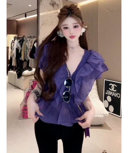 프랑스식 프릴 보라색 V넥 반팔 여성 셔츠 여름 새로운 품격 허리 수축 슬림해 보이는 Chic 아름다운 맨위