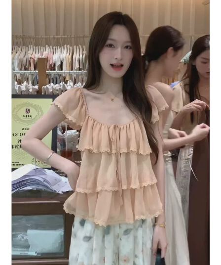 부드러운 바람 Feifei 소매 프릴 광장 칼라 쉬폰 여성 셔츠 여름 새로운 품격 루즈핏 슬림해 보이는 연령 감소 맨위