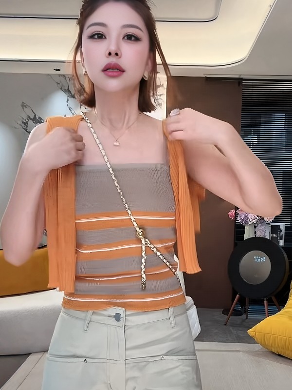 도파민 스트라이프 캐미솔 주황색 니트 오픈 가디건 세트 여성 봄 여름 얇은 스타일 자외선 차단 착용 가져 가라. 투피스 세트