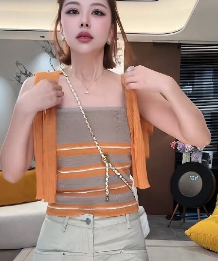 도파민 스트라이프 캐미솔 주황색 니트 오픈 가디건 세트 여성 봄 여름 얇은 스타일 자외선 차단 착용 가져 가라. 투피스 세트