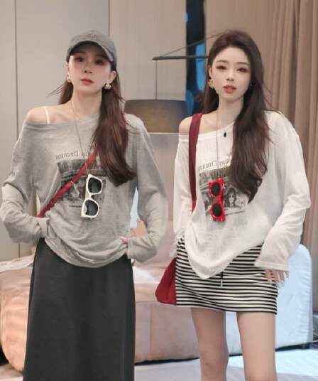 한 부서 디자인 센스 알파벳 프린트 라운드 넥 긴팔 티셔츠 여성 여름 새로운 루즈핏 슬림해 보이는 자외선 차단 블라우스 맨위