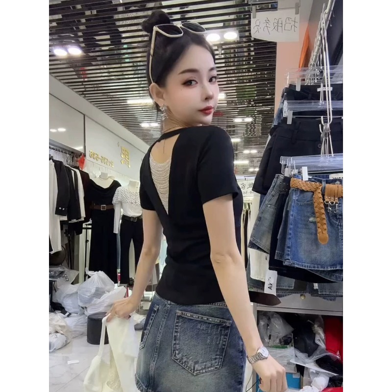 디자인 센스 홀로우 아웃 비즈 V넥 반팔 티셔츠 여성 여름 새로운 몸매 가꾸기 슬림해 보이는 다용도 동정 반소매 맨위 트렌디