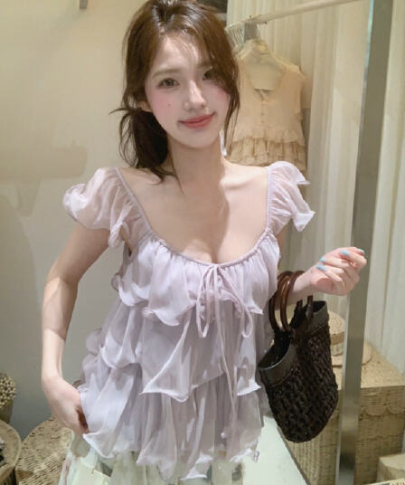 부드러운 달콤한 스타일 u 칼라 프릴 여성 셔츠 프랑스식 순수한 욕망 품격 루즈핏 슬림해 보이는 다용도 작은 날다 소매 맨위