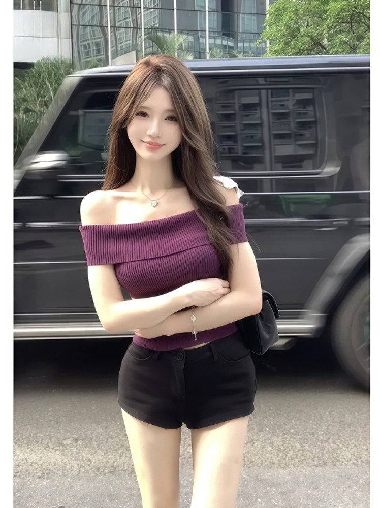 순수한 욕망 바람 핫걸 오프숄더 반팔 티셔츠 여성 여름 새로운 몸매 가꾸기 슬림해 보이는 섹시함 오프숄더 니트 맨위 여성