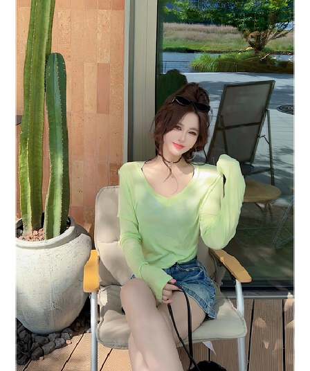 ccdz 여름 V넥 얇고 가벼운 자외선 차단 맨위 여성