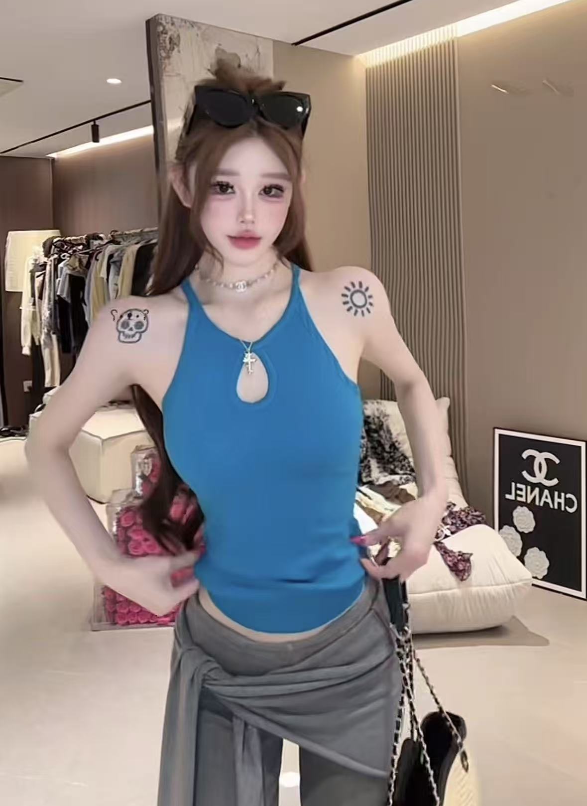 네온 연애 편지 물방울 모양 홀로우 아웃 디자인 복수 짜다 행침 목 니트 슬립 맨위
