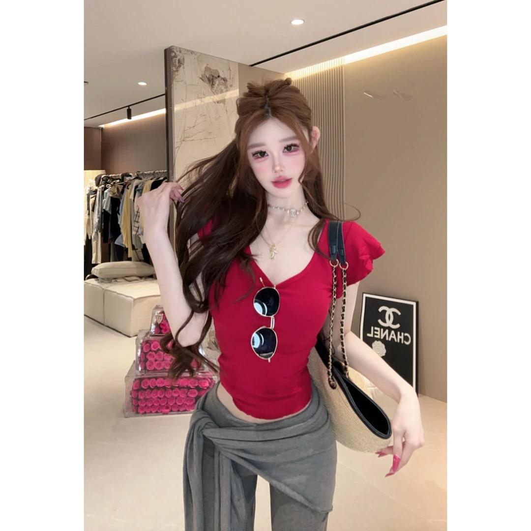 순수한 욕망 바람 여름 작은 날다 소매 V넥 반팔 티셔츠 몸매 가꾸기 슬림해 보이는 다용도 맨위 여성