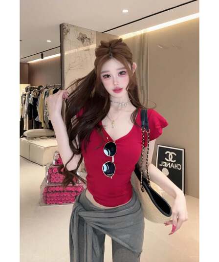순수한 욕망 바람 여름 작은 날다 소매 V넥 반팔 티셔츠 몸매 가꾸기 슬림해 보이는 다용도 맨위 여성