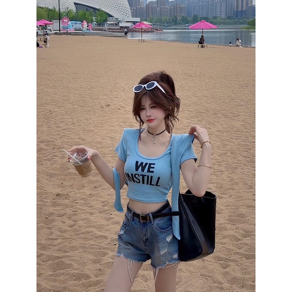 ccdz 여름 새로운 패션 디자인 센스 u 칼라 알파벳 프린트 반팔 허리 인감 핫걸 맨위 여성