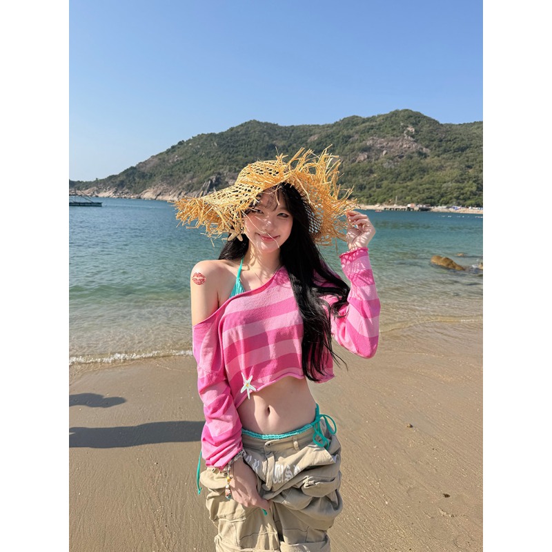 아메리칸 느긋한 바람 스트라이프 보트넥 긴팔 티셔츠 여성 핫걸 캐주얼 슬림해 보이는 이슬 뼈의 자외선 차단 블라우스