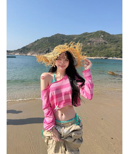 아메리칸 느긋한 바람 스트라이프 보트넥 긴팔 티셔츠 여성 핫걸 캐주얼 슬림해 보이는 이슬 뼈의 자외선 차단 블라우스