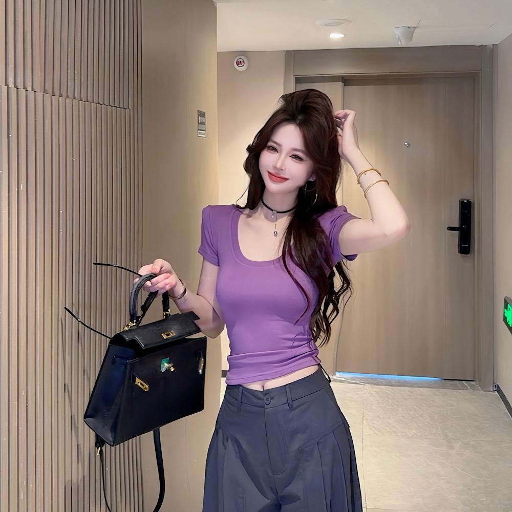 ccdz 패션 대 u 칼라 다용도 반팔 맨위 여성 순수한 욕망 핫걸 다용도 몸매 가꾸기 슬림해 보이는 티셔츠 여성 여름
