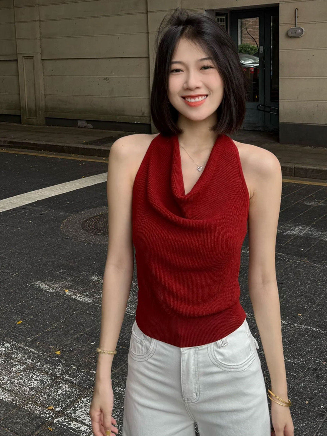 아메리칸 레트로 흔들다 칼라 백리스 행침 목 니트 캐미솔 여름 외출용 몸매 가꾸기 슬림해 보이는 순수한 욕망 핫걸 맨위